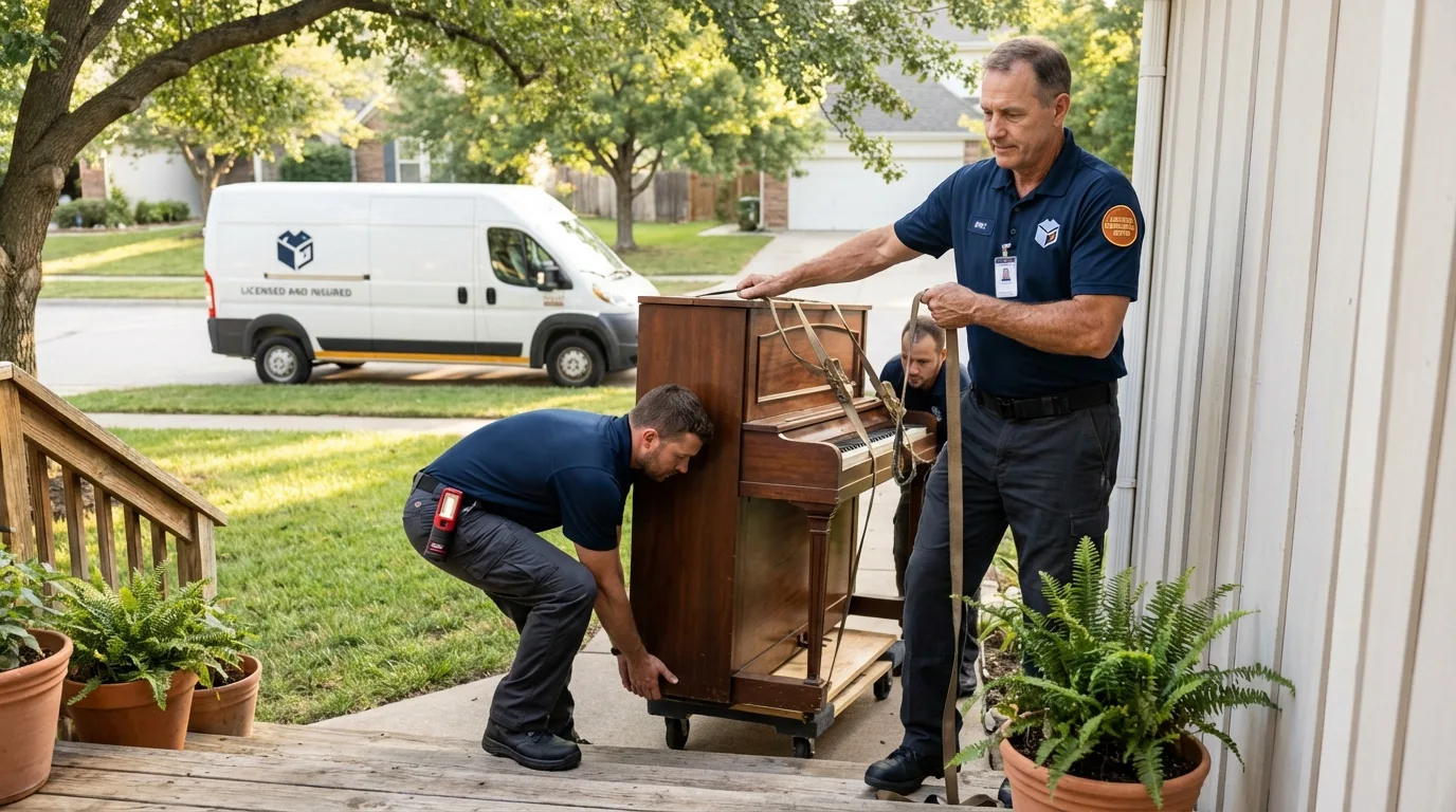 Licensed piano movers securing grand piano in Fort Belvoir, VA