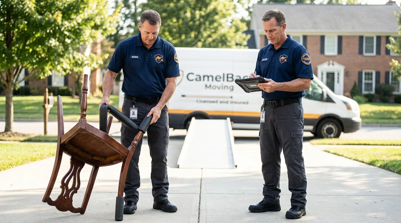 Movers inspecting furniture for damage prevention before loading in Fort Belvoir, VA