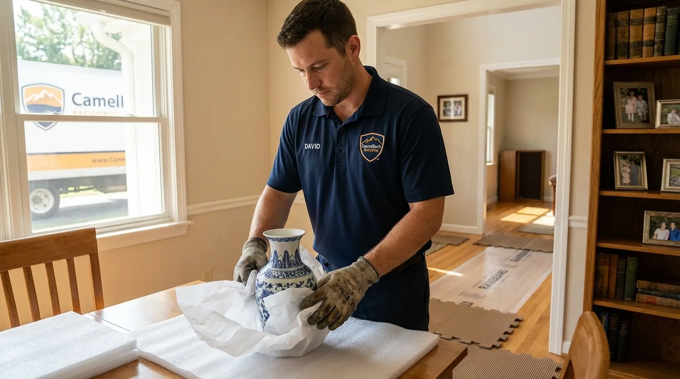 Professional crew carefully wrapping antique vase for senior downsizing move in Fort Belvoir, VA